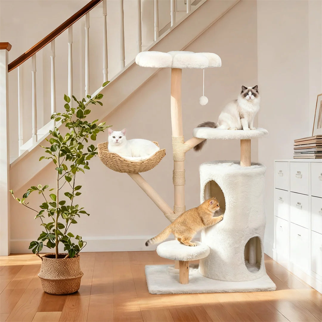 Indoor Cat Tower Tree: 56” Tall Multi-Level Vertical Cat Tree Activity Tower for Multi-cat Households, Cat Furniture with Flowe