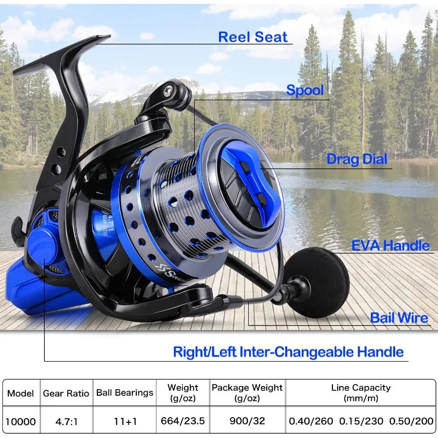 Spinning Reels 10000 Series Surf Fishing Reels Ultra Smooth Powerful with CNC Aluminum Spool for Inshore Offshore Saltwater Fis