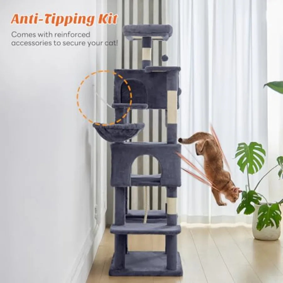 Large 66 Inch Multi-Level Cat Tree Tower with Condo Perches Sisal Scratching Posts Hammock and Dangling Balls for Indoor Cats D