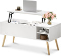 White Lift-Top Coffee Table with Hidden Storage, Solid Wood Legs, and Open Shelves for Living Room