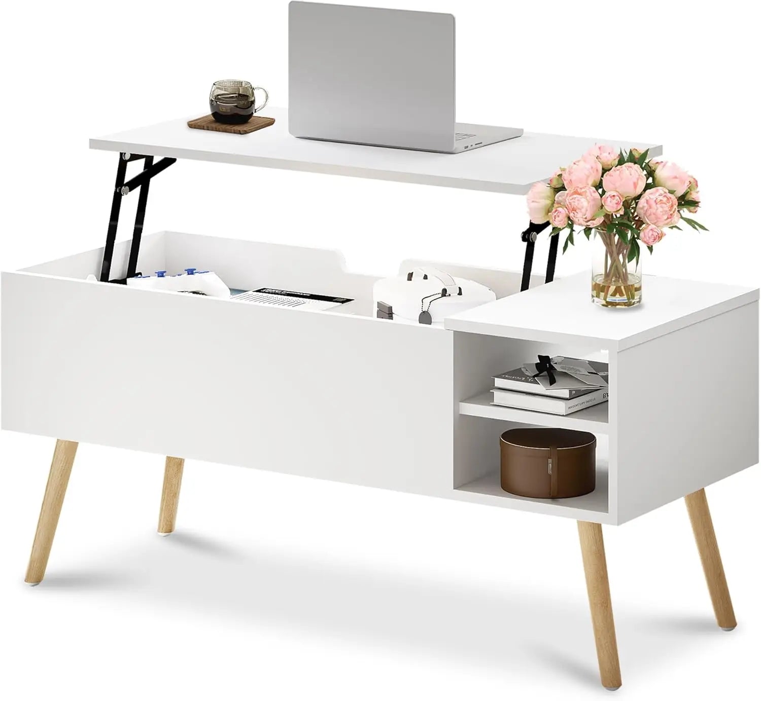 White Lift-Top Coffee Table with Hidden Storage, Solid Wood Legs, and Open Shelves for Living Room