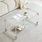 Modern Double Layer Glass Coffee Table for Living Room, Clear Top with Rose Gold Frame, L41xW21xH16