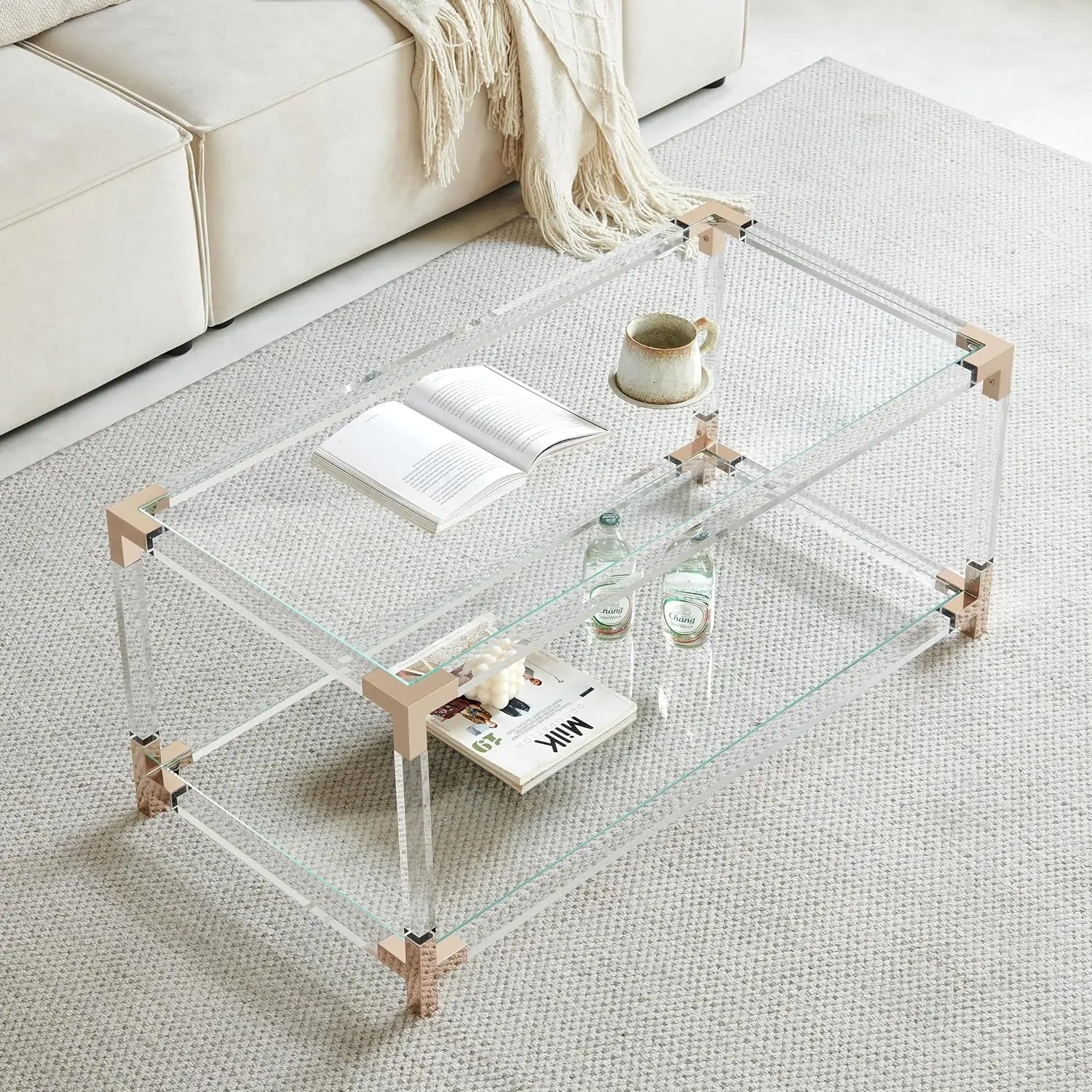 Modern Double Layer Glass Coffee Table for Living Room, Clear Top with Rose Gold Frame, L41xW21xH16