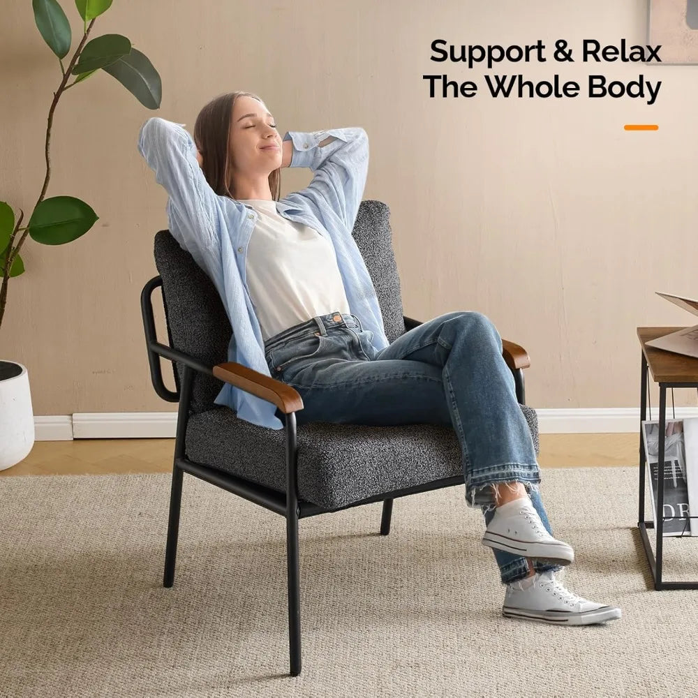 Mid-Century Modern Accent Armchiar for Small Space, Small Comfy Upholstered Leisure Reading Chair with Wood Armrest for B