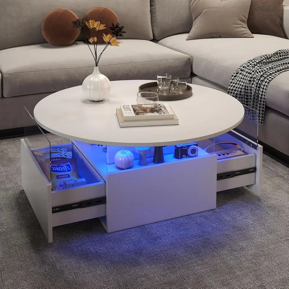 Round LED-Illuminated Living Room Table with Storage, Square Acrylic Coffee Table on Casters, Wooden Centerpiece for Dining in W