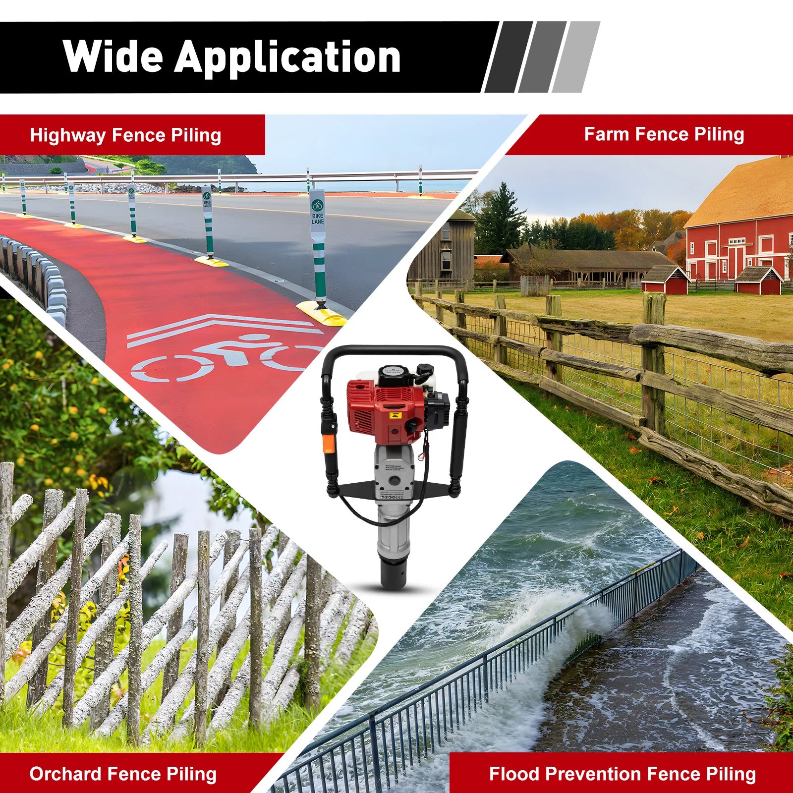 52CC 2-Stroke Gas Post Driver with Anti-Vibration Grip, 2 Socket Sizes for Fencing, Construction, and Agricultural Piling Work