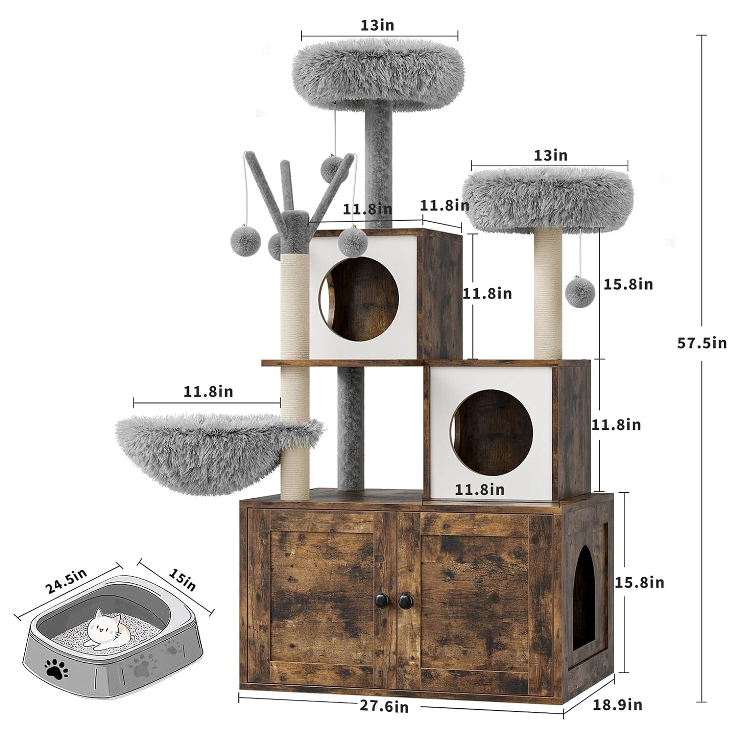 Cat Tree with Litter Box Enclosure,Cat Tower for Indoor Cats Wood Cat Condo with Scratching Post,Dangling Balls,Cat Backet Perch
