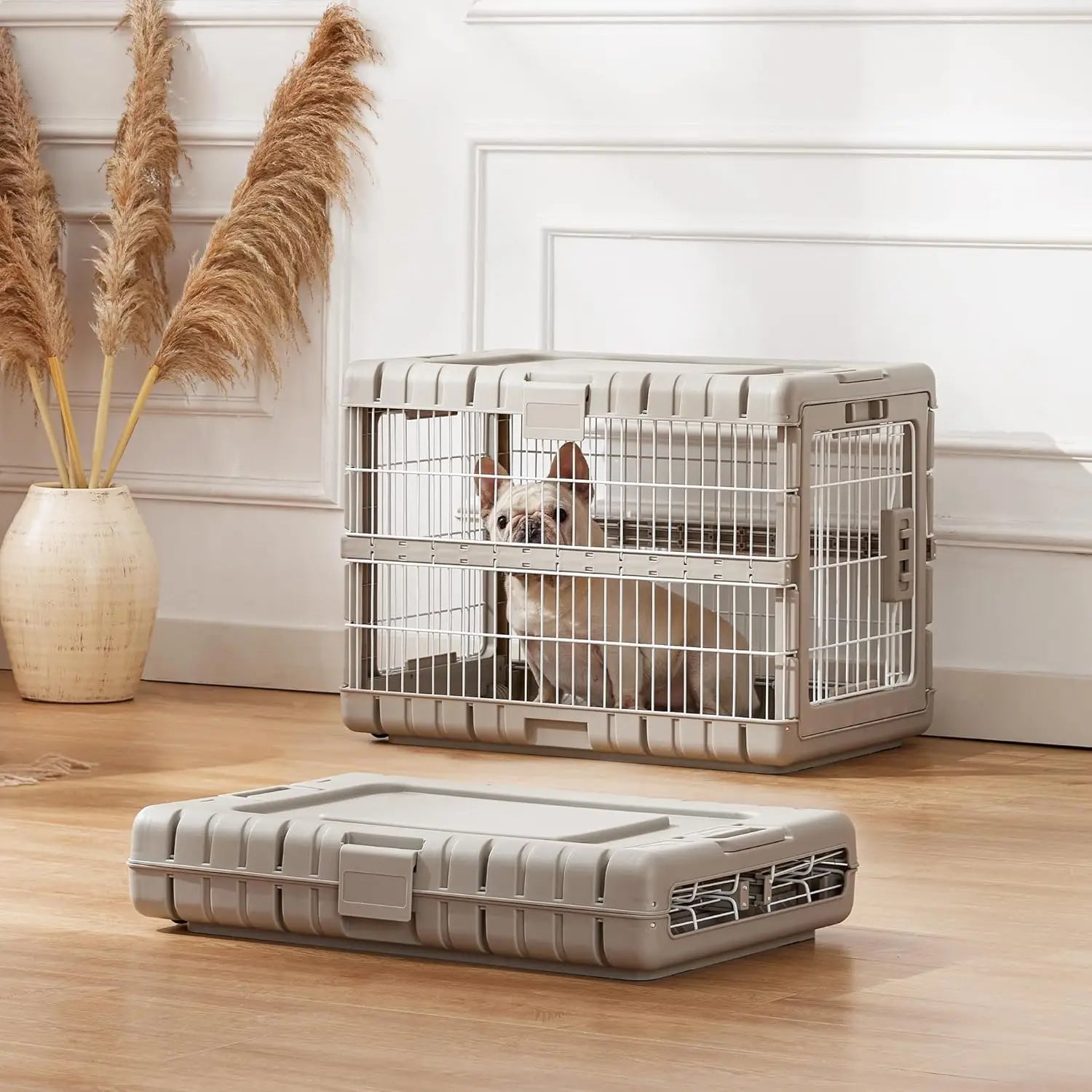 Foldable Dog Crate with Wheels - 28" Medium Kennel, No Tools Required, Durable Steel Cage for Indoor & Travel