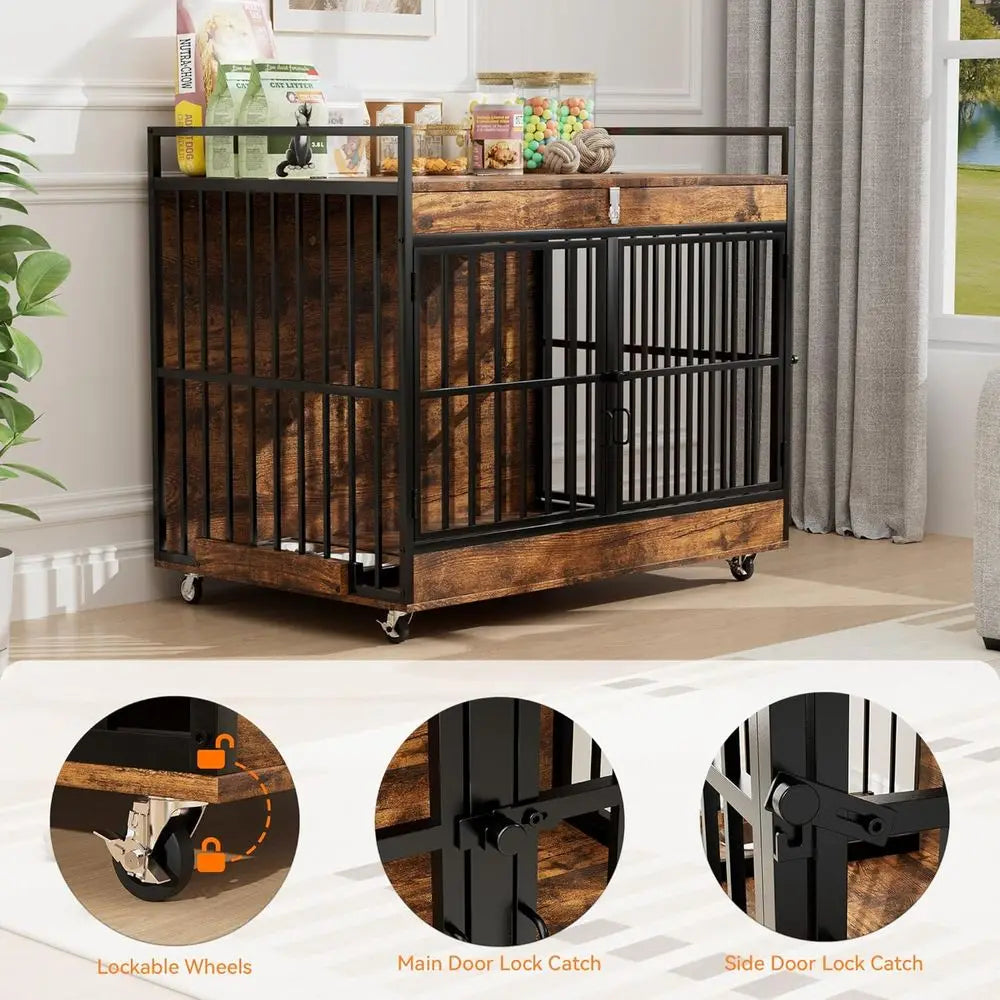 45 Inch XL Dog Crate with Stainless Steel Bowls, Heavy Duty Indoor Kennel, Wooden Dog Crate Table for Home Decor