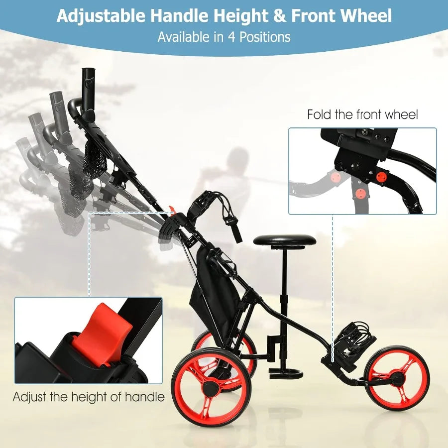 Lightweight Folding 3Wheel Golf Push Cart with Seat and Storage Bag for Easy Transport Featuring Foot Brake Adjustable Umbrella