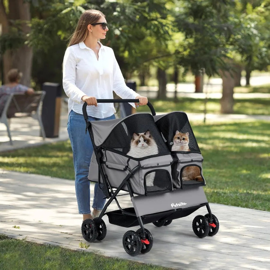 Double Pet Stroller Foldable Double Dog Stroller with 2-Seater Carrier Adjustable Sunshade Removable Pad Safety Belt Storage Ba
