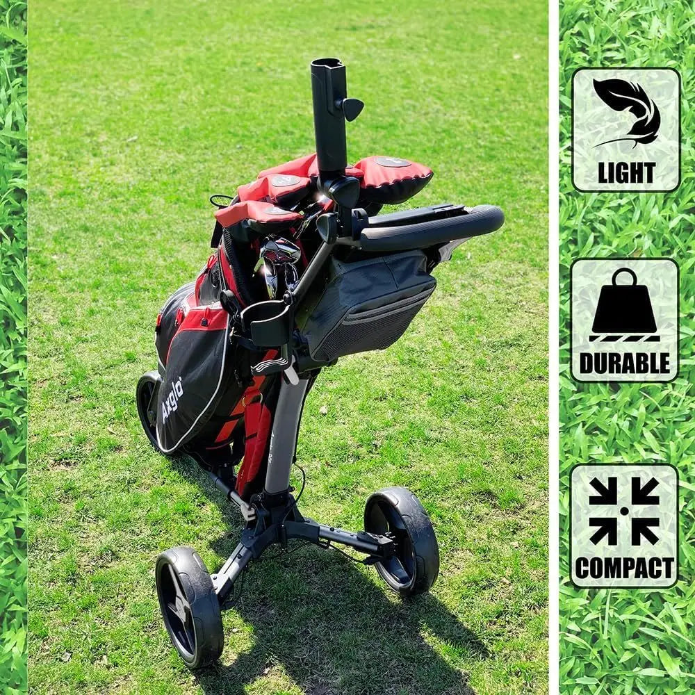 Ultra-Lightweight 3-Wheel Golf Caddy with 360° Swivel Front Wheel, Foldable Design, Dual Brake System, Large Storage Bin, and Cu