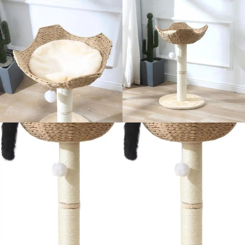 Large Cat Tower with 17.7 Rattan Basket, Handwoven Bed, Window Perch for Cats up to 25lbs