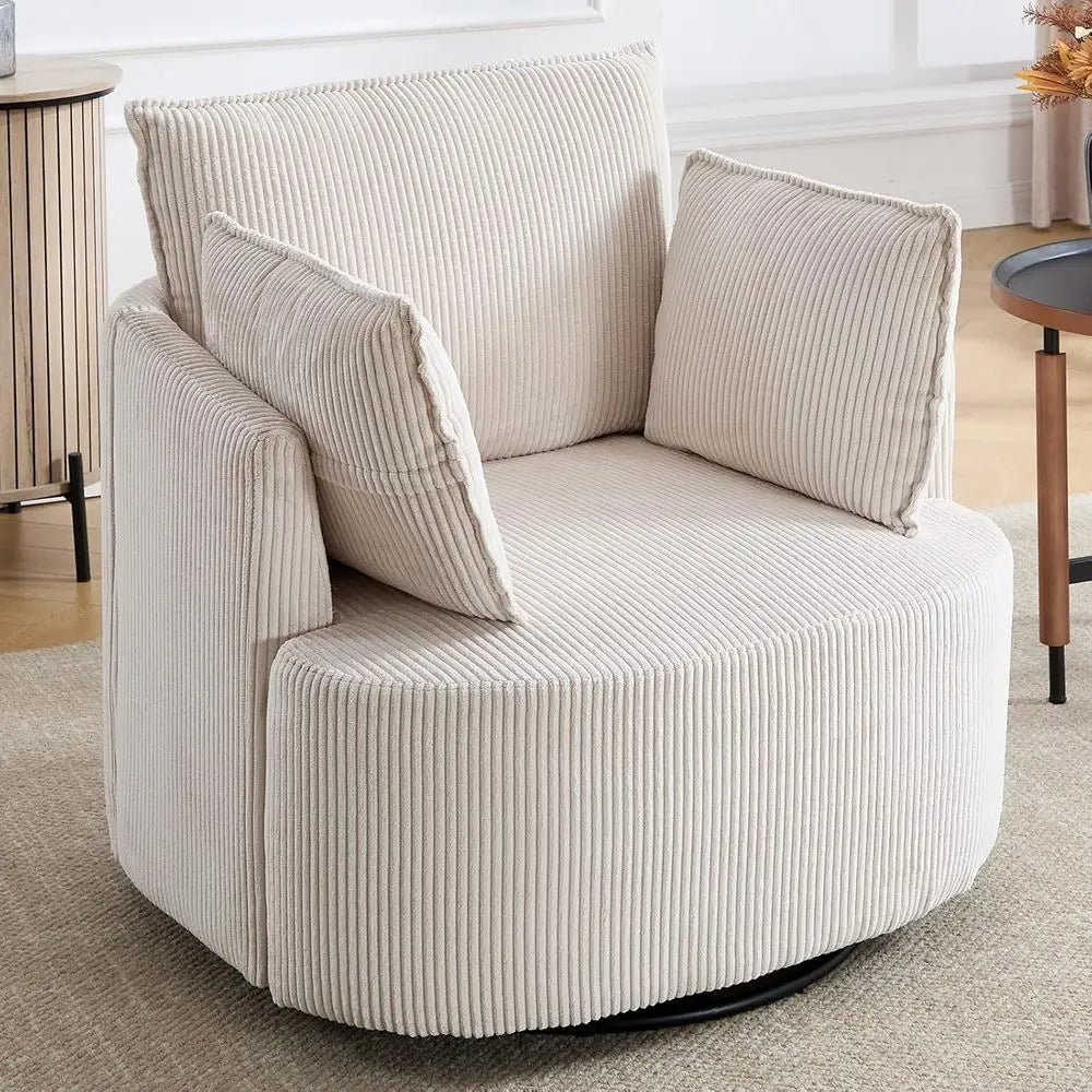 360° Swivel Barrel Chair with 3 Pillows, Corduroy Accent Armchair for Living Spaces, Beige