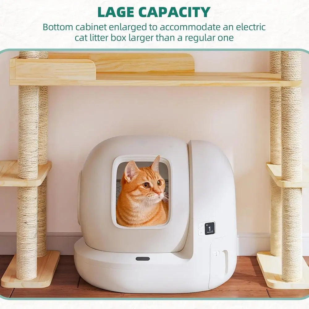 60.2 High Self-Cleaning Litter Box Cat Tree, Multi-Level Wooden Cat Tower with Scratching Post, House, Burlywood