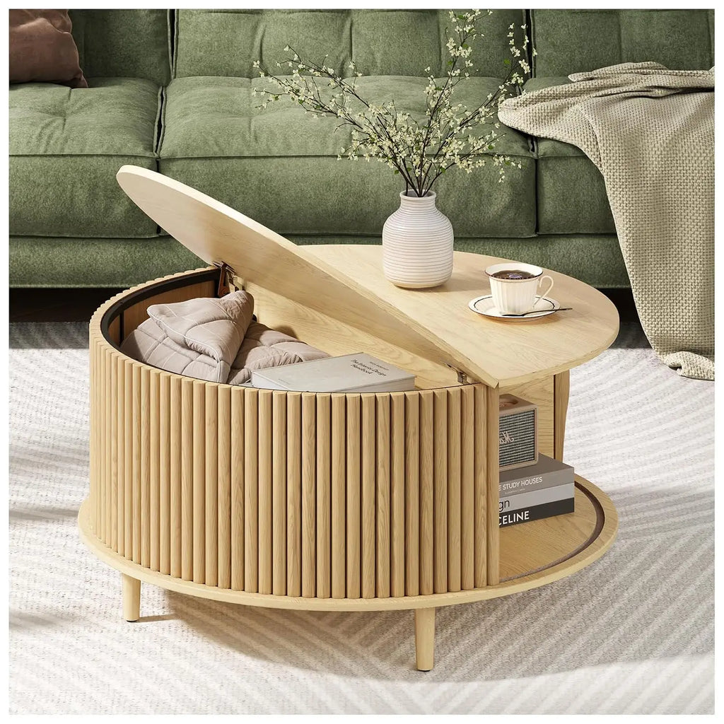 Round Coffee Table with Storage, 31.5" Fluted Center Table for Living Room, Modern Walnut Wood Circle Drum Table, Customized