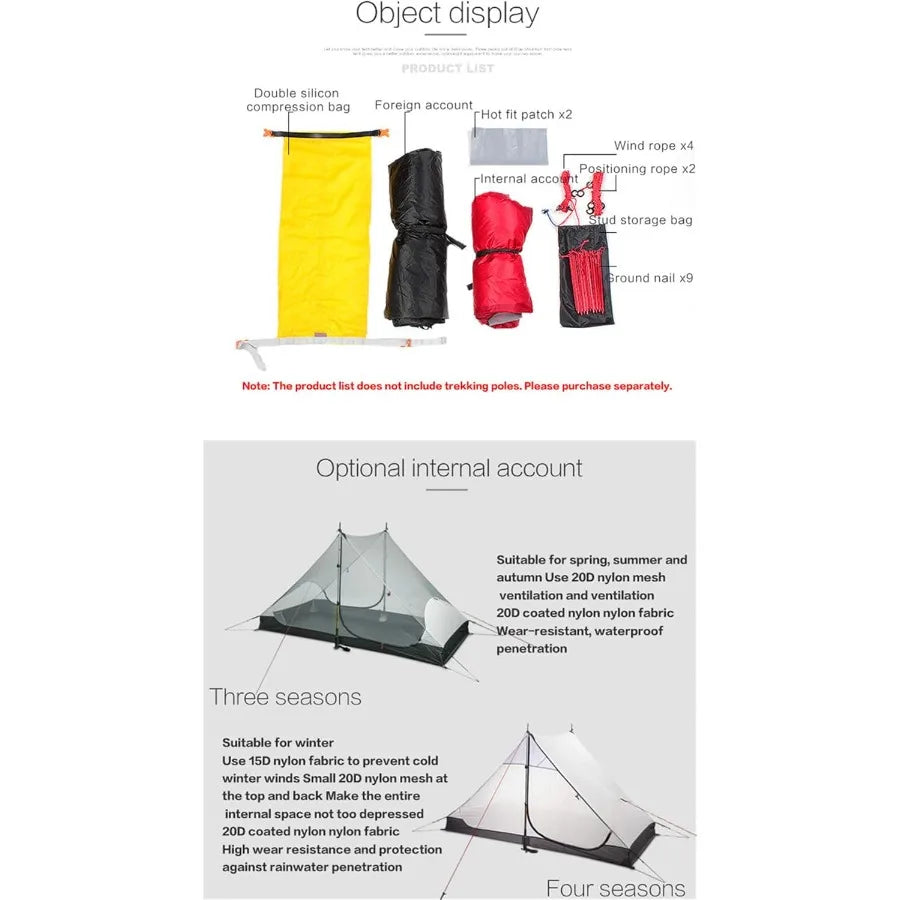 2 Person Tent Hiking Ultralight Camping Tent Professional 15D Silnylon Rodless Trekking Pole Tent Waterproof Backpackin