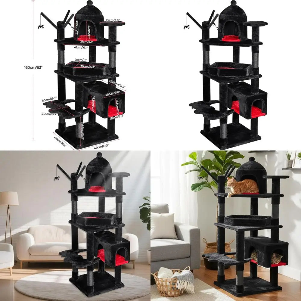 Large 63 Gothic-Style Cat Tower with Coffin Bed, Cat Houses, Scratching Posts for Cats Over 20 lbs, Black & Red