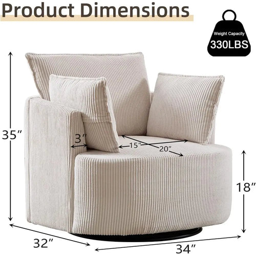 360° Swivel Barrel Chair with 3 Pillows, Corduroy Accent Armchair for Living Spaces, Beige