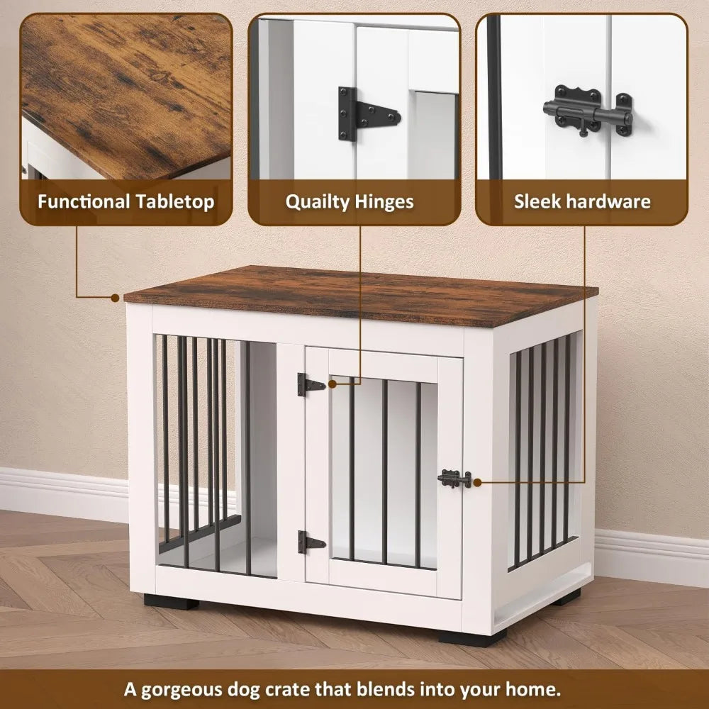 White Dog Crate Furniture for Medium Dogs Up to 40 lbs - Decorative Puppy Kennel with Wide Farmhouse Table Top & Steel Bar