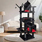 Large 63 Gothic-Style Cat Tower with Coffin Bed, Cat Houses, Scratching Posts for Cats Over 20 lbs, Black & Red