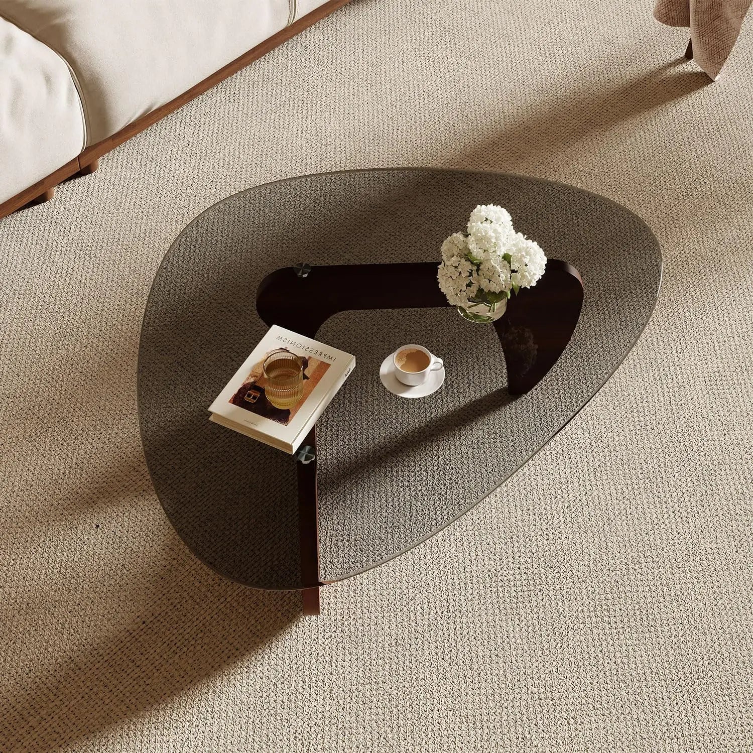 Modern Triangle Coffee Table for Living Room, Small Spaces, Tempered Glass Top & Eco-Friendly MDF Base, Walnut Finish