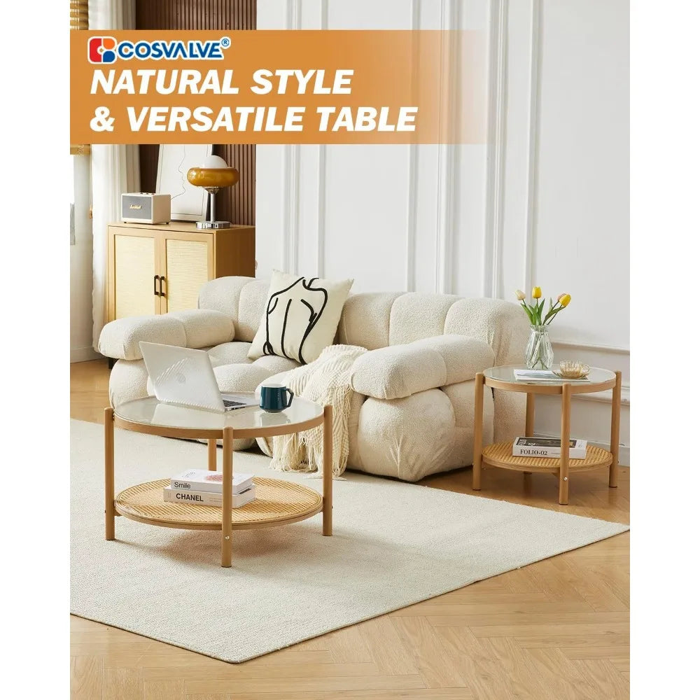 27.5 Boho Rattan Coffee Table, Round Glass Metal Center Table, Modern Simple 2 Tier Middle Table for Small Space Living