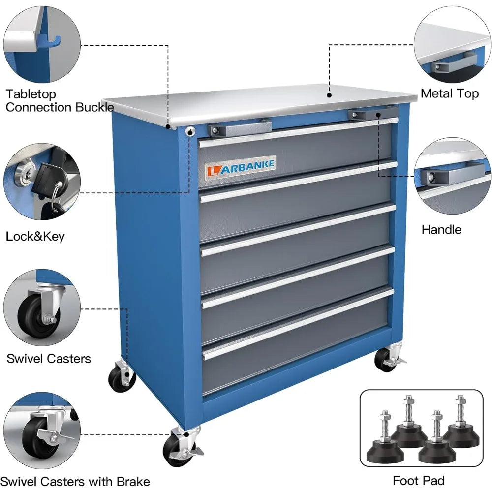 Combined Tool Cabinet and Tool Box, 7+5 Drawer Tool Box, Connectable, with 360 Degree Brake Wheels and Padded Feet, Blue