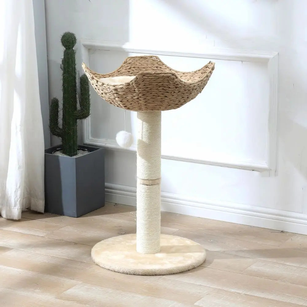 Large Cat Tower with 17.7 Rattan Basket, Handwoven Bed, Window Perch for Cats up to 25lbs