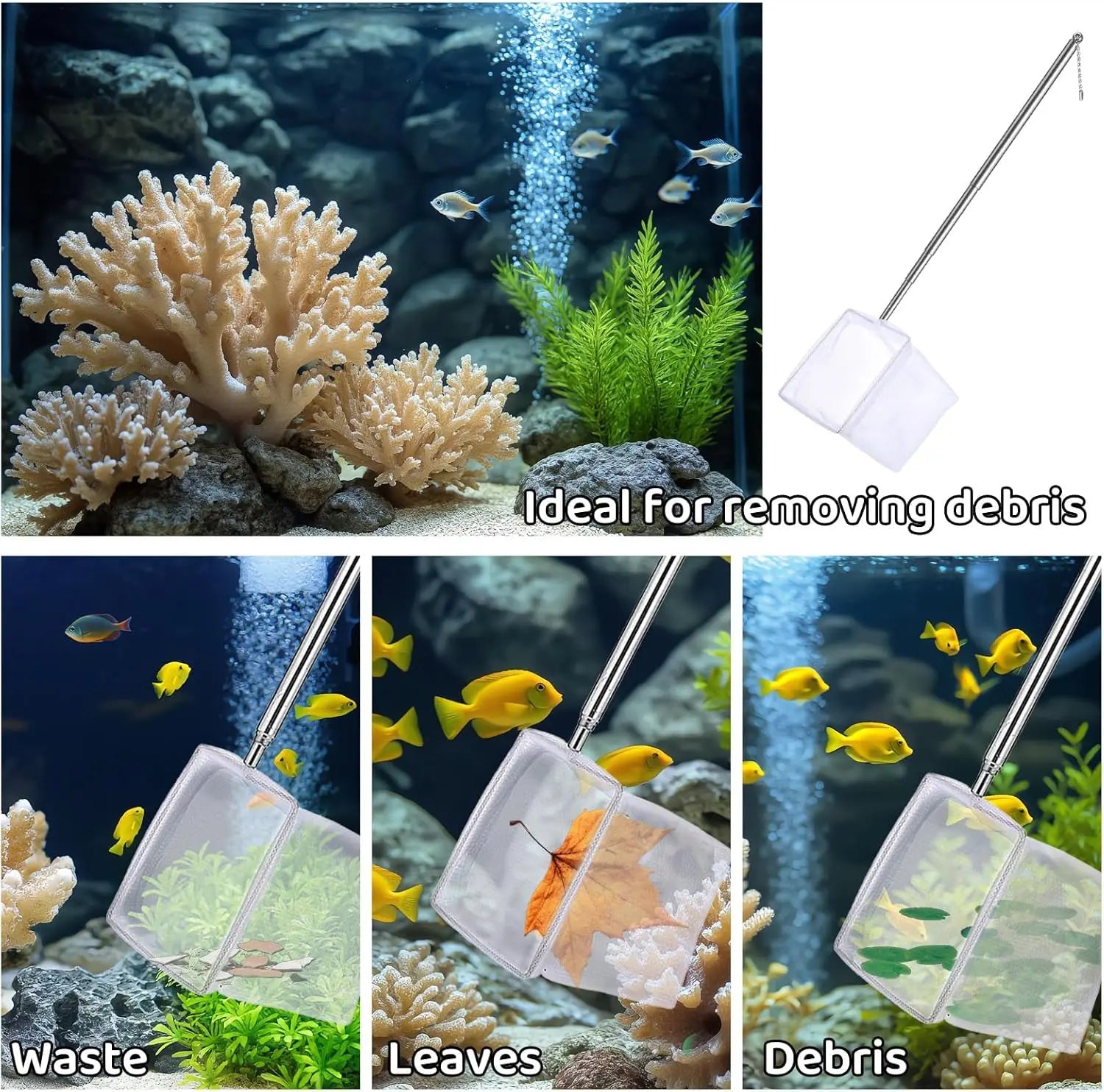 2-Pack 3" Aquarium Nets – Extendable Stainless Steel Handle Shrimp & Fry Net for Baby Fish, Food Residue &Debris Skimming