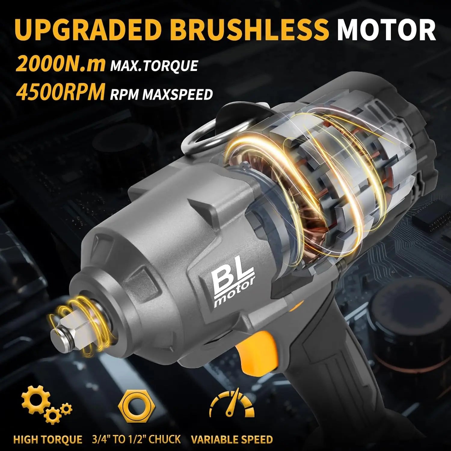 21V Brushless Impact Wrench 1500Ft-Lbs, 2x6.0Ah Battery, 5-Socket, High Torque Cordless Impact Gun for Heavy Duty
