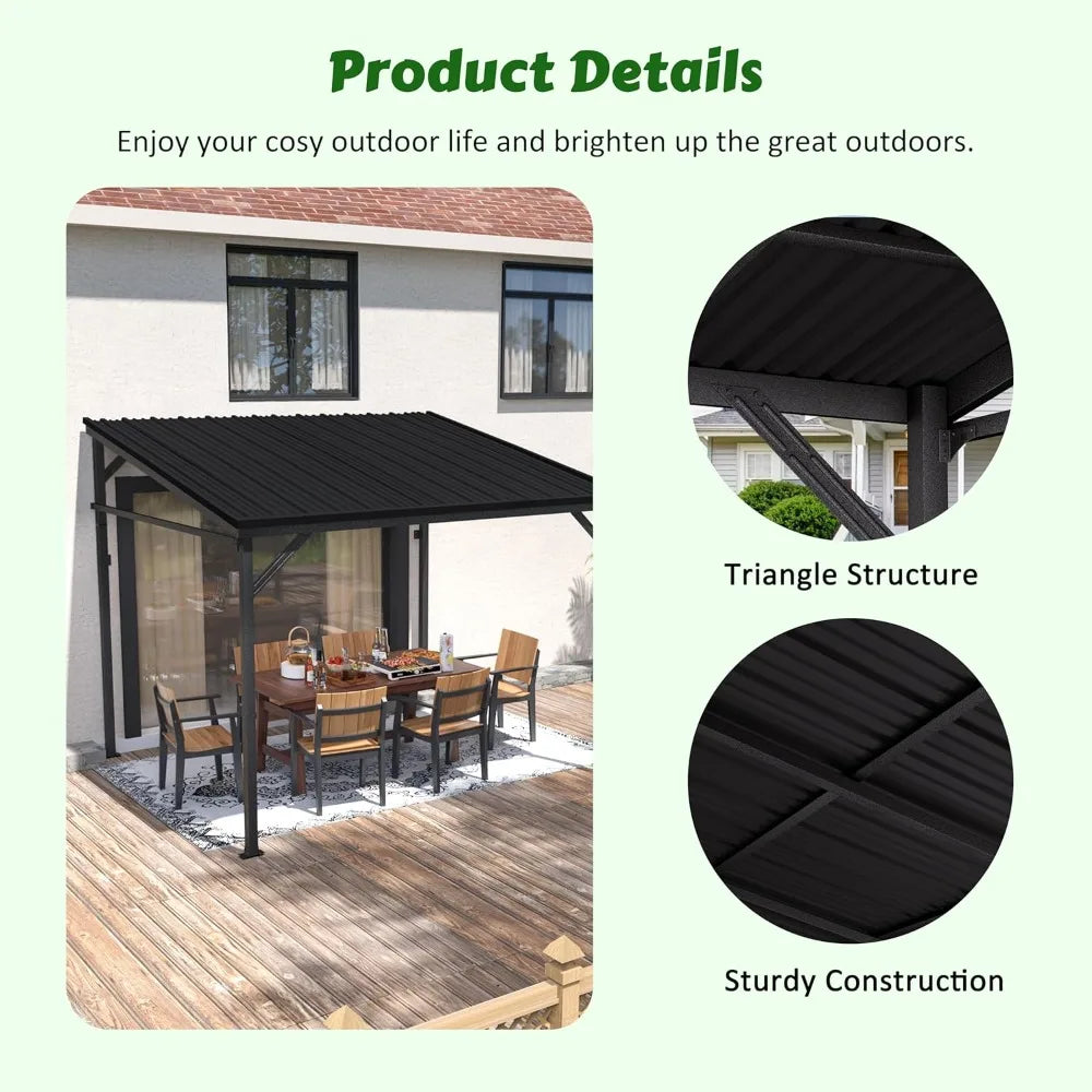 8x10 FT Wall-Mounted Lean-to Gazebo, Iron Roof Outdoor Pergola with Drainage System & Triangle Structure, Outdoor Patio Lean-to