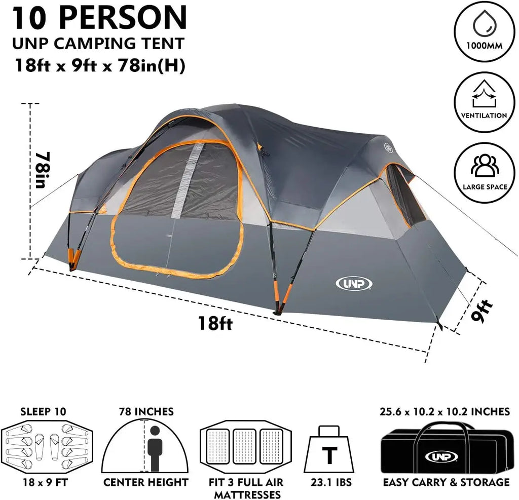 10-Person Family Camping Tent, Easy Setup, Waterproof, 2 Rooms, Large Mesh Windows for Ventilation and Star View