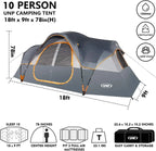 10-Person Family Camping Tent, Easy Setup, Waterproof, 2 Rooms, Large Mesh Windows for Ventilation and Star View