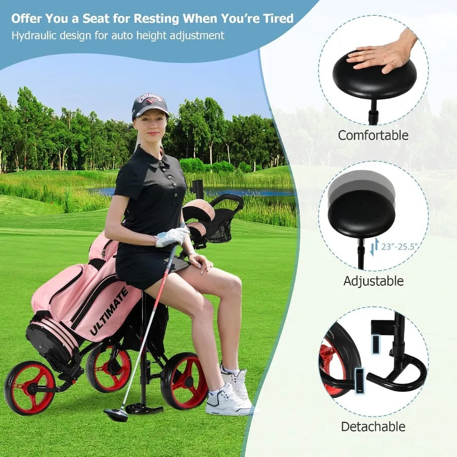 Lightweight Folding 3Wheel Golf Push Cart with Seat and Storage Bag for Easy Transport Featuring Foot Brake Adjustable Umbrella