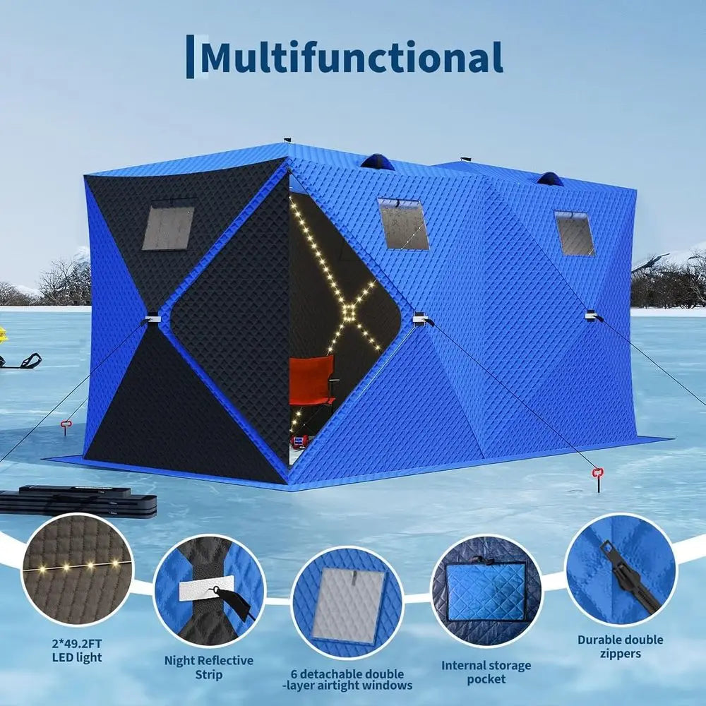 4-8 Person Insulated Ice Fishing Tent with 49 LED Light, Waterproof & Portable with 2 Doors, Anchors, Ropes & Carry Bag
