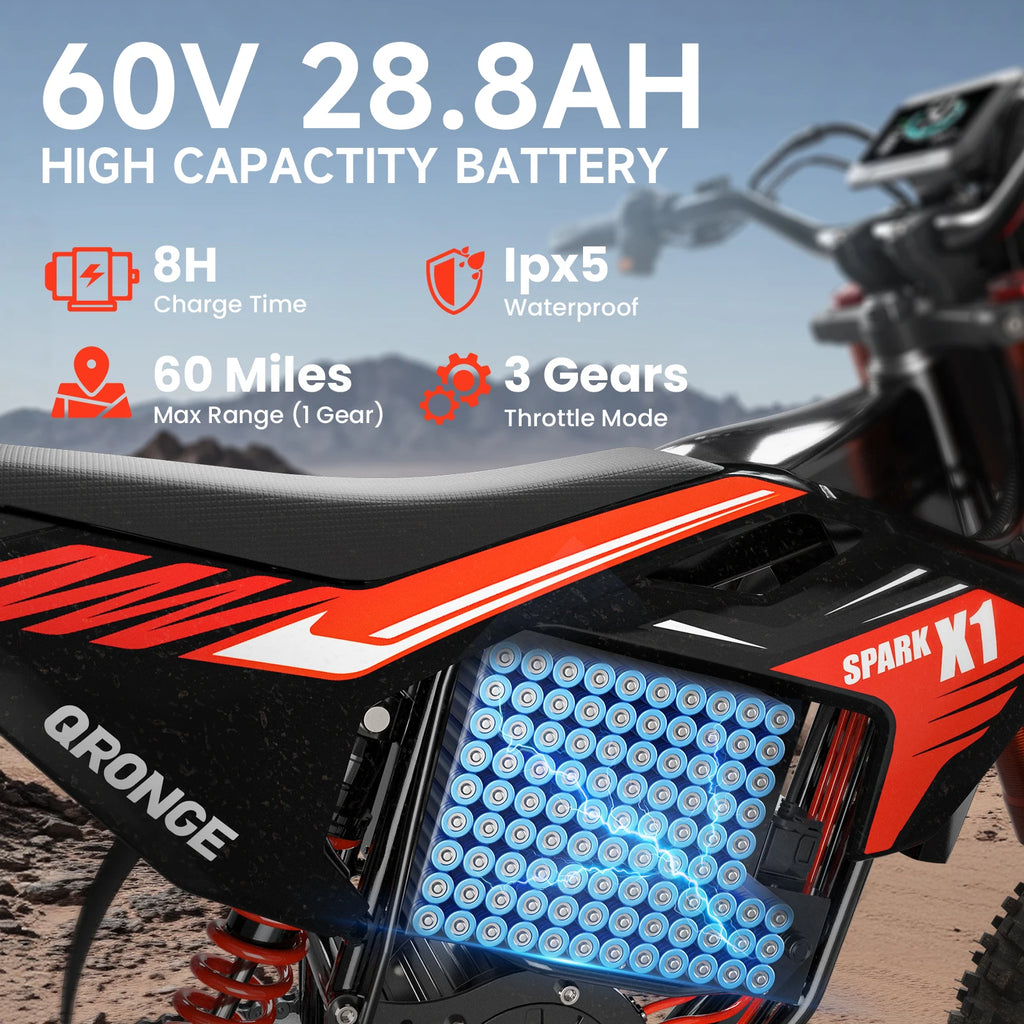 QRONGE X1 Spark Electric Dirt Bike 4500W Peak&Up to 60 Miles 50MPH 60V 28.8Ah Battery E-Bike 14/12" Fat Tire Electric Motorcycle