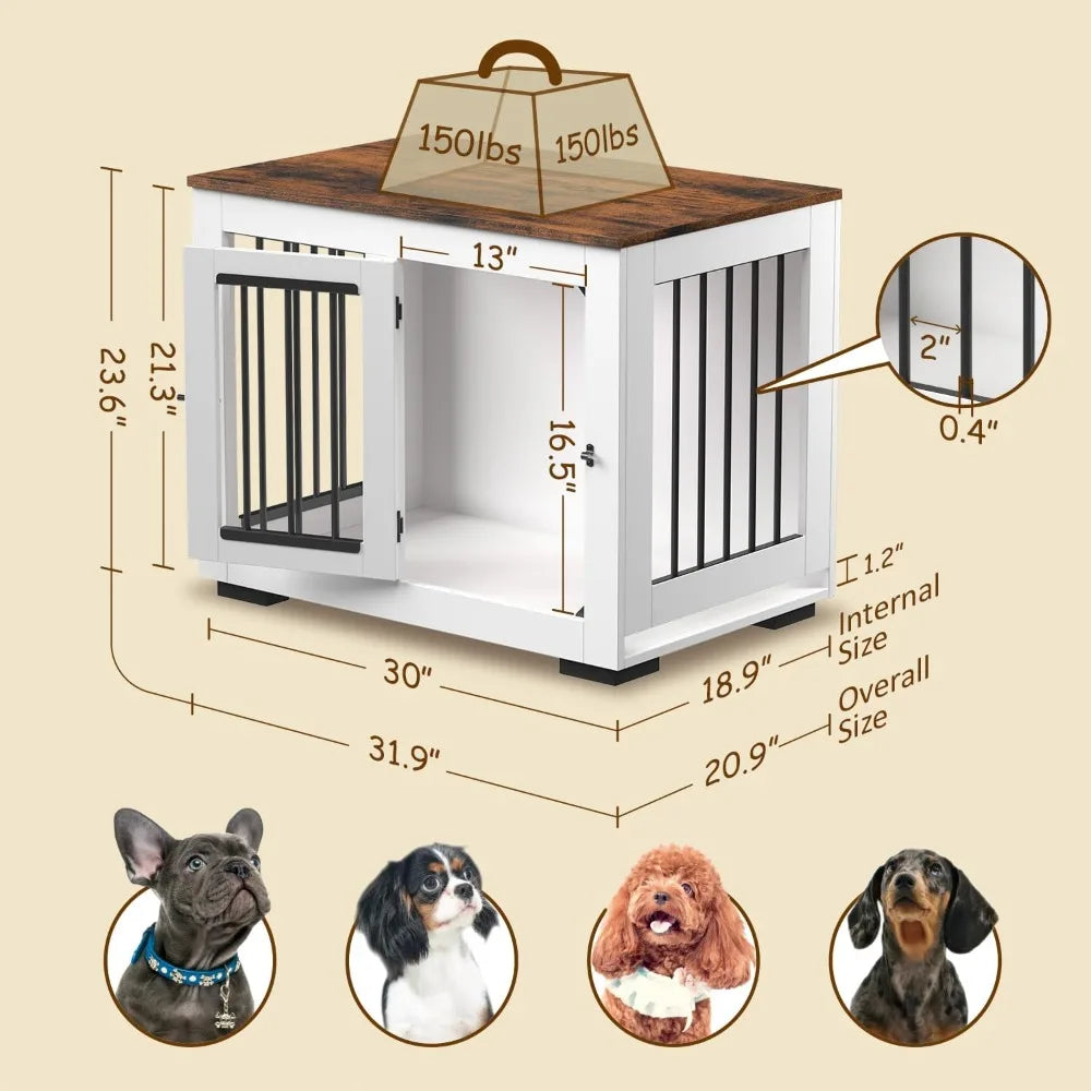 White Dog Crate Furniture for Medium Dogs Up to 40 lbs - Decorative Puppy Kennel with Wide Farmhouse Table Top & Steel Bar