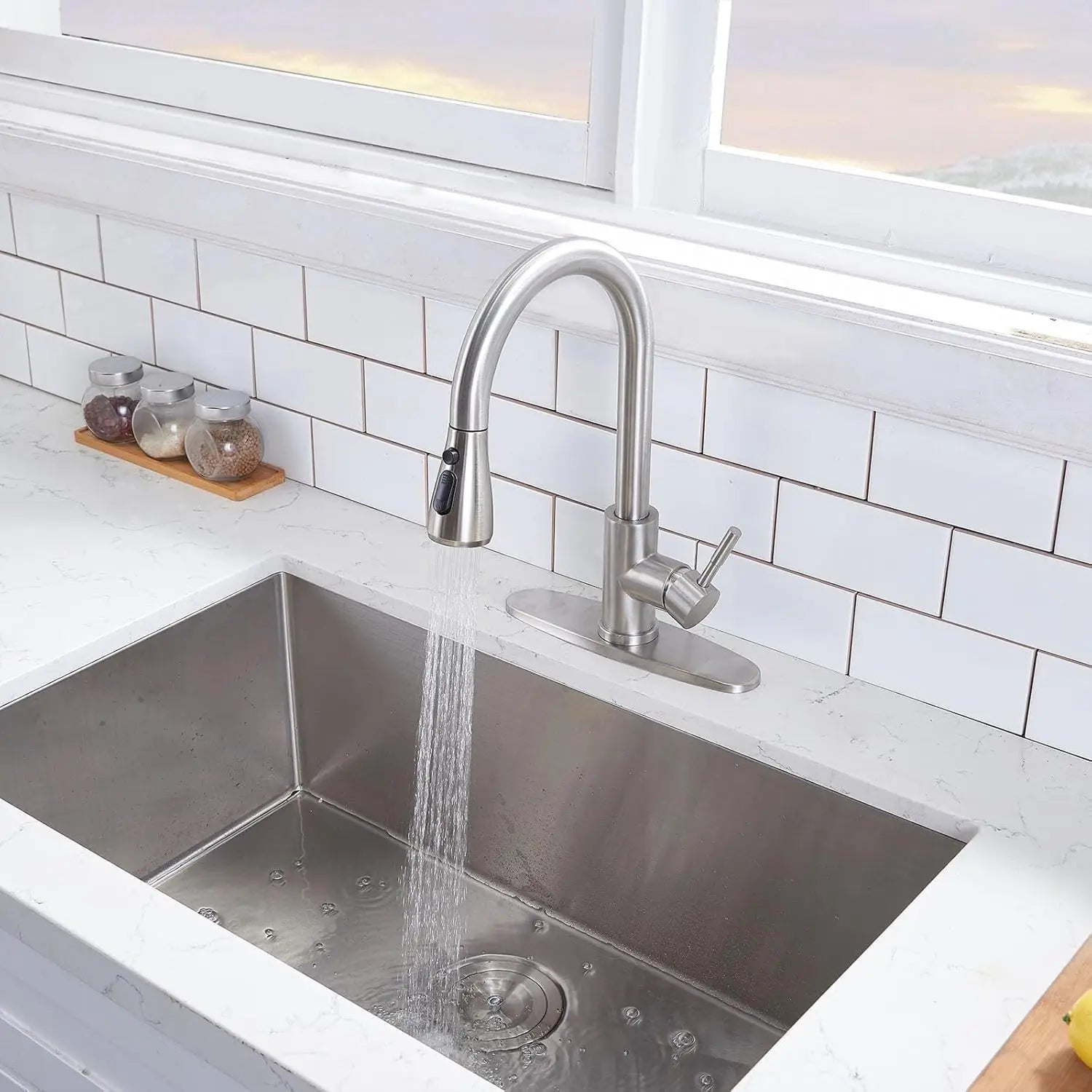 VCCUCINE Brushed Nickel Pull-Down Kitchen Faucet, Single Handle, Stainless Steel, High Arc, RV Compatible