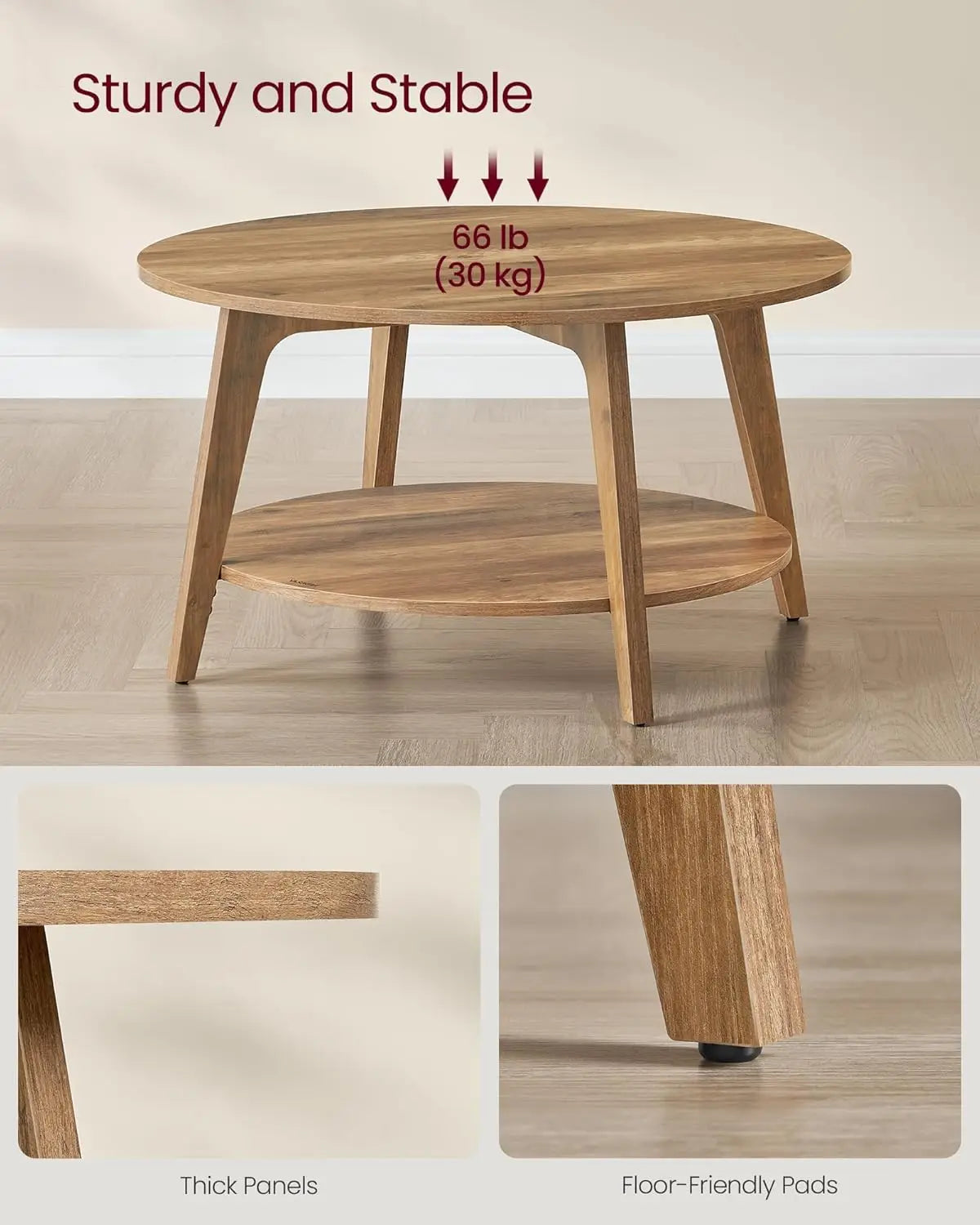 Round Coffee Table with Storage, 2-Tier Design, Tapered Legs, Easy Assembly for Living Room in Honey Brown