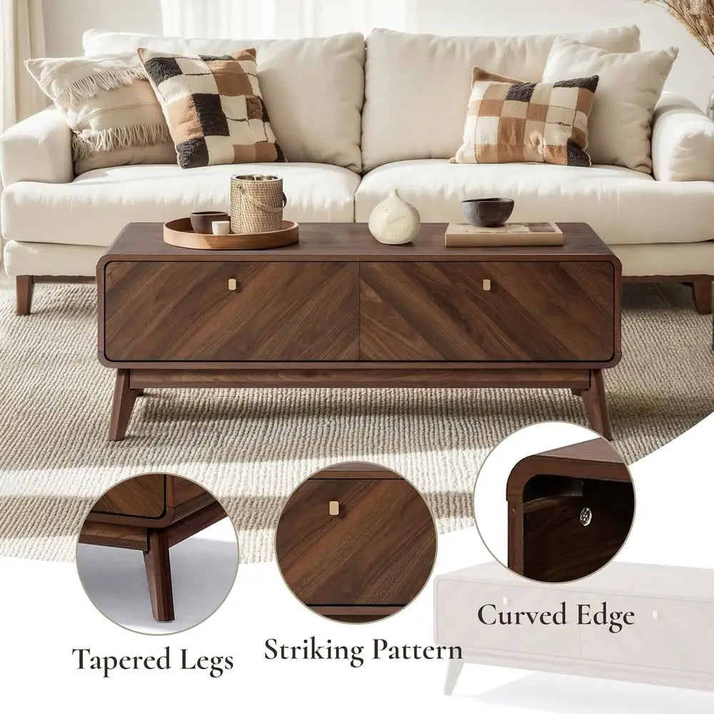 47 Century Modern Coffee Table with Storage, Live Edge Wood Center Table for Living Room