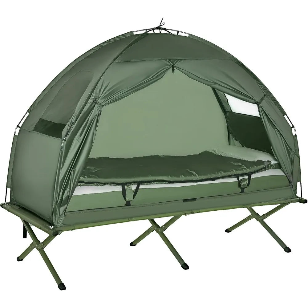 Camping Tent Cot, 6-in-1 Folding Tent Cot Combo with Mattress, Pillow, Sleeping Bag, Bed Cover, Roller Carrying Bag