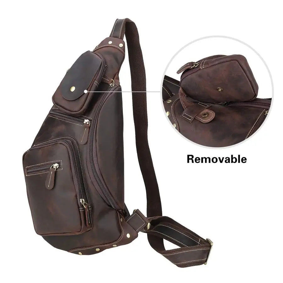 Full Grain Leather Cross Body Sling Bag Chest Bag Backpack Outdoor Camping Tactical Daypack