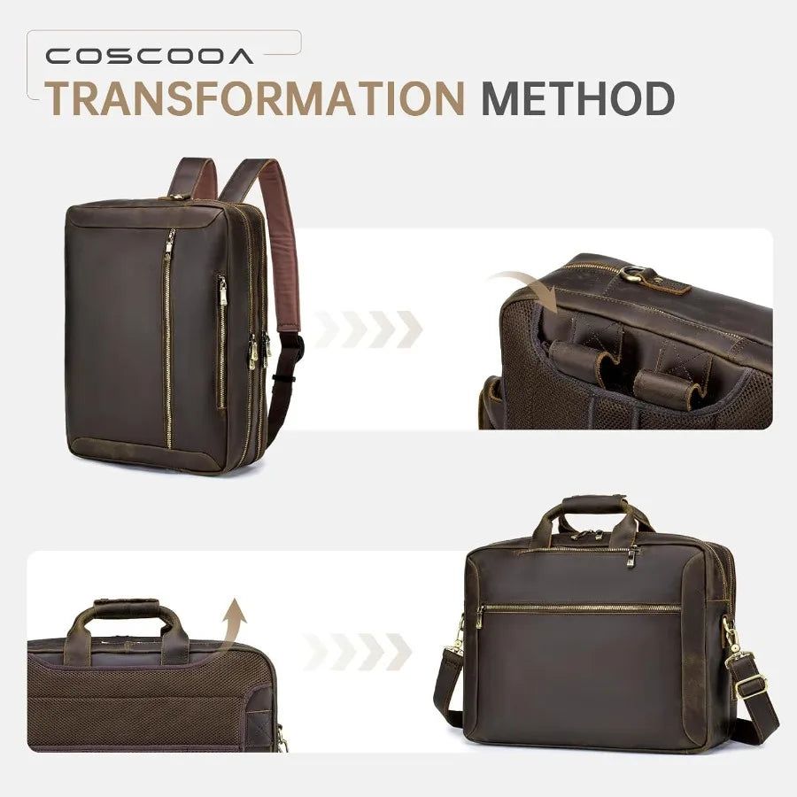 Large Full Grain Leather Briefcase Convertible Backpack For Men Business Travel Case Messenger Bag Fits 17.3" Laptop