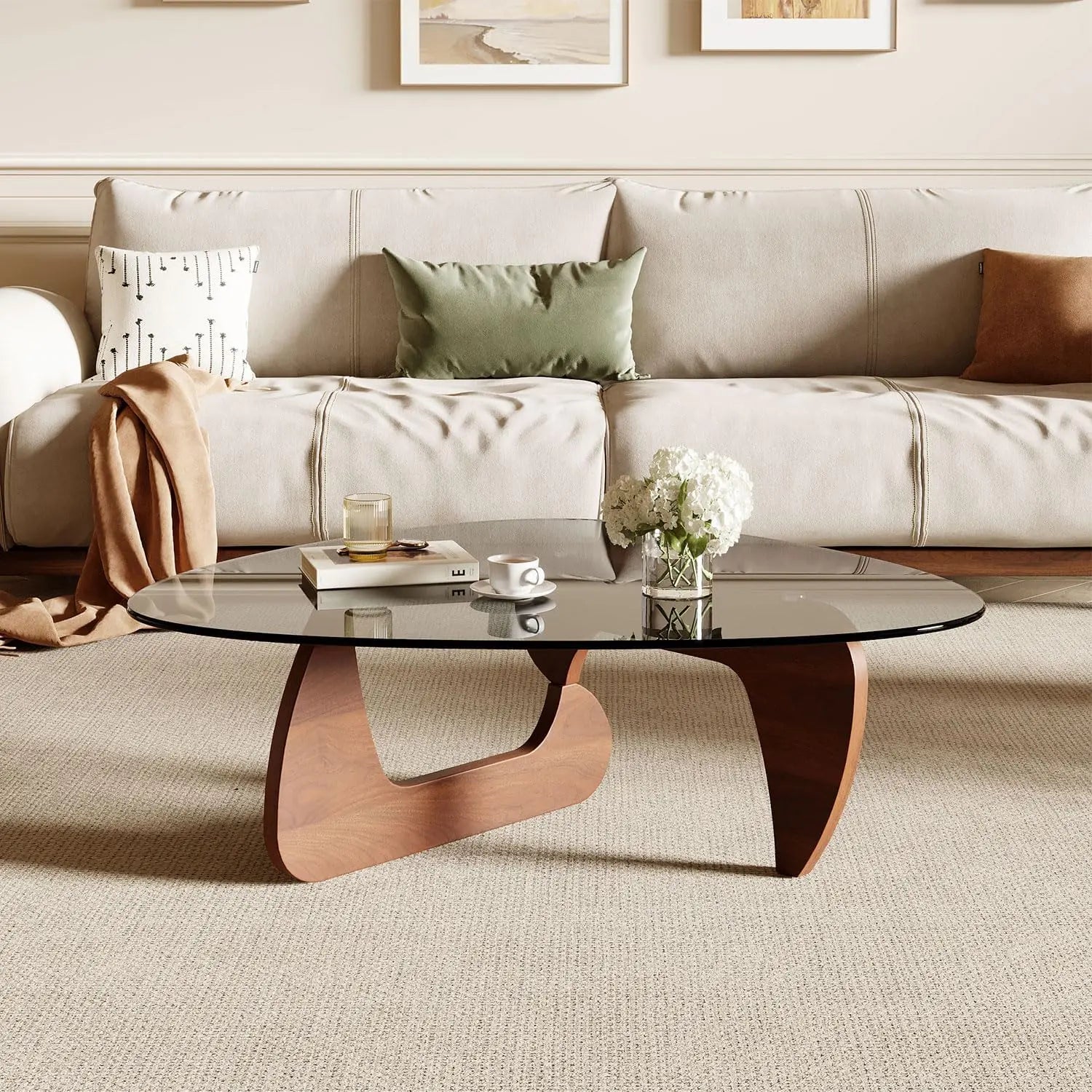 Modern Triangle Coffee Table for Living Room, Small Spaces, Tempered Glass Top & Eco-Friendly MDF Base, Walnut Finish