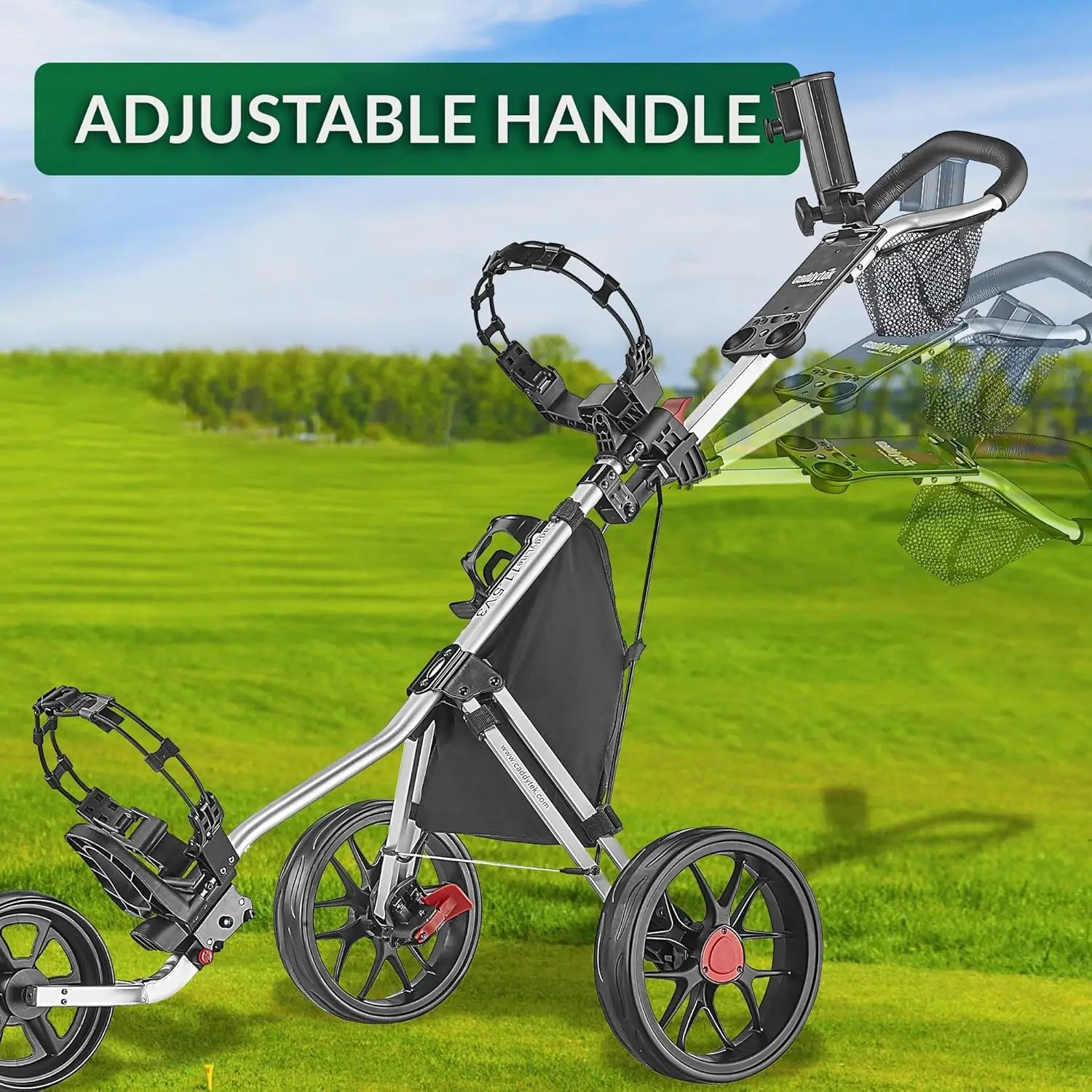 Lightweight Aluminum 3-Wheel Foldable Golf Push Cart with Adjustable Handle, Foot Brake & Accessories for Easy Storage