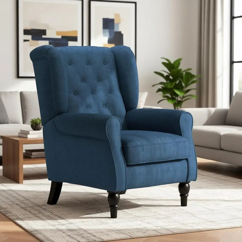 Accent Chair, High Wingback Reading Chair, Button-Tufted Upholstered Fabric Armchair with Retro Wood Legs, Living Room, Bedroom,