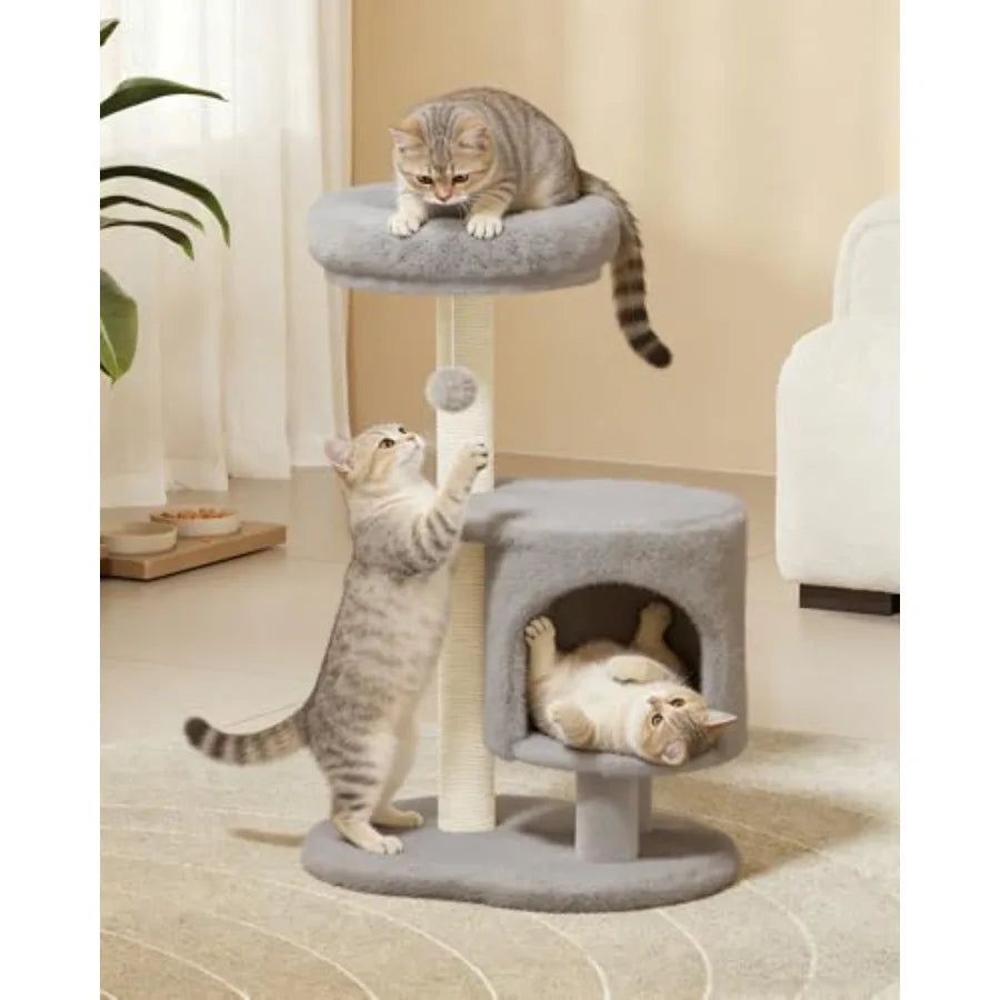 Cat Tree 34.3 Inches Cat Tower with Scratching Post Condo Interactive Hanging Ball Plush Perch for Indoor Large Cats Gray