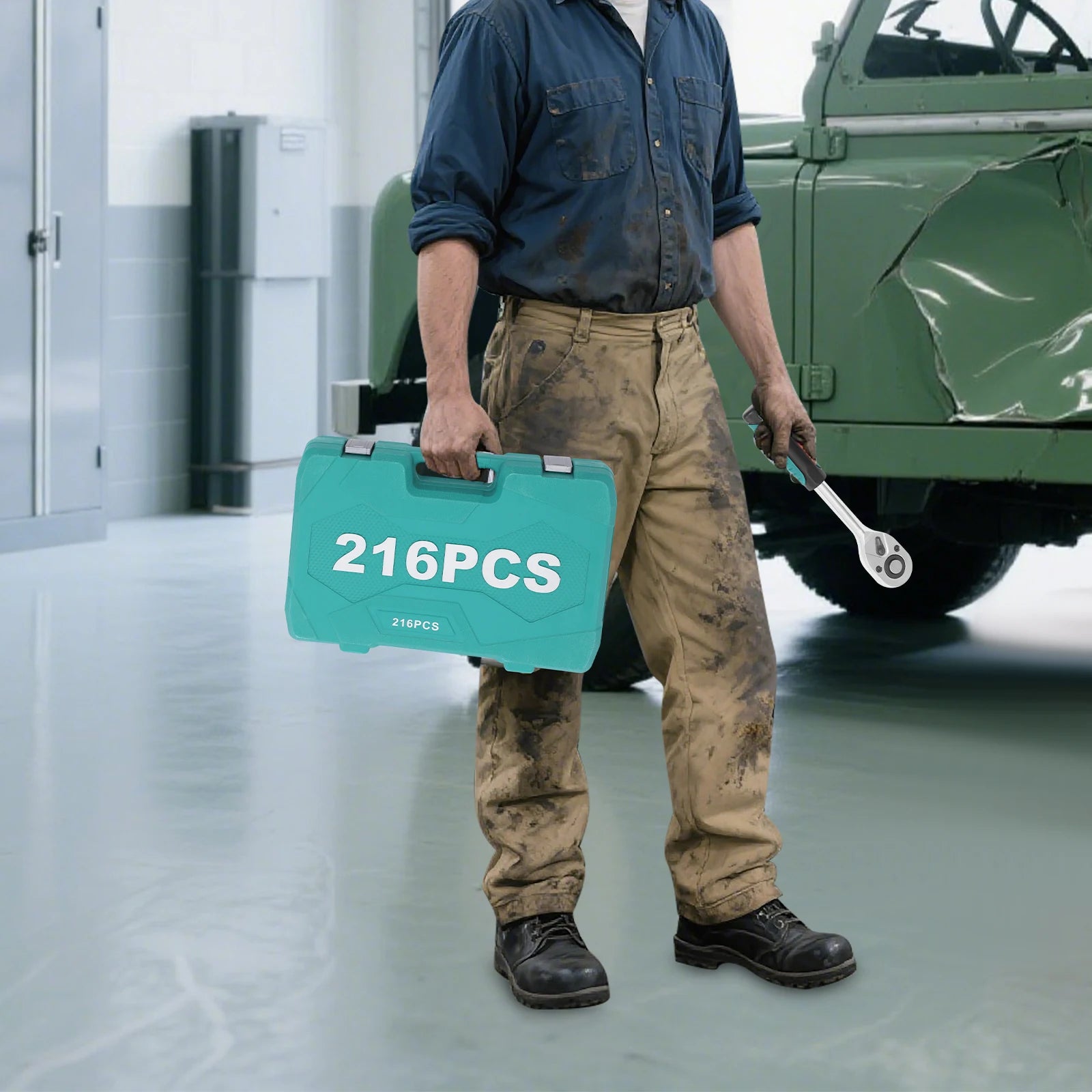 Socket Spanner Set, Drive Socket Set, 216-Piece Ratchet Box Set with Green Case, Chrome Vanadium Steel Tool Kit for Automotive