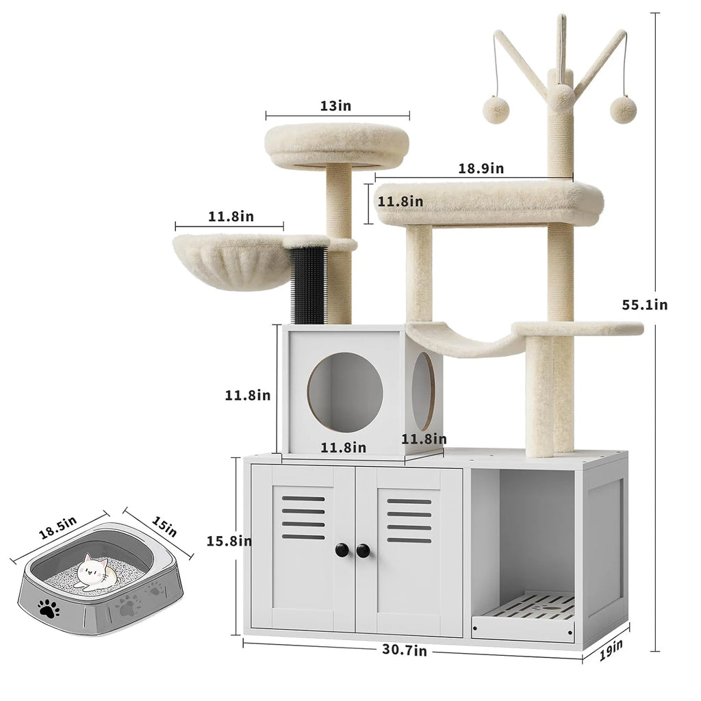 Cat Tree with Litter Box Enclosure,Cat Tower for Indoor Cats Wood Cat Condo with Scratching Post,Dangling Balls,Cat Backet Perch